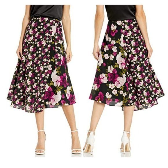 ✨Size 10 Women's Midi Skirt Calvin Klein Faux Wrap Floral Black Pink A-Line New✨ - Picture 1 of 8